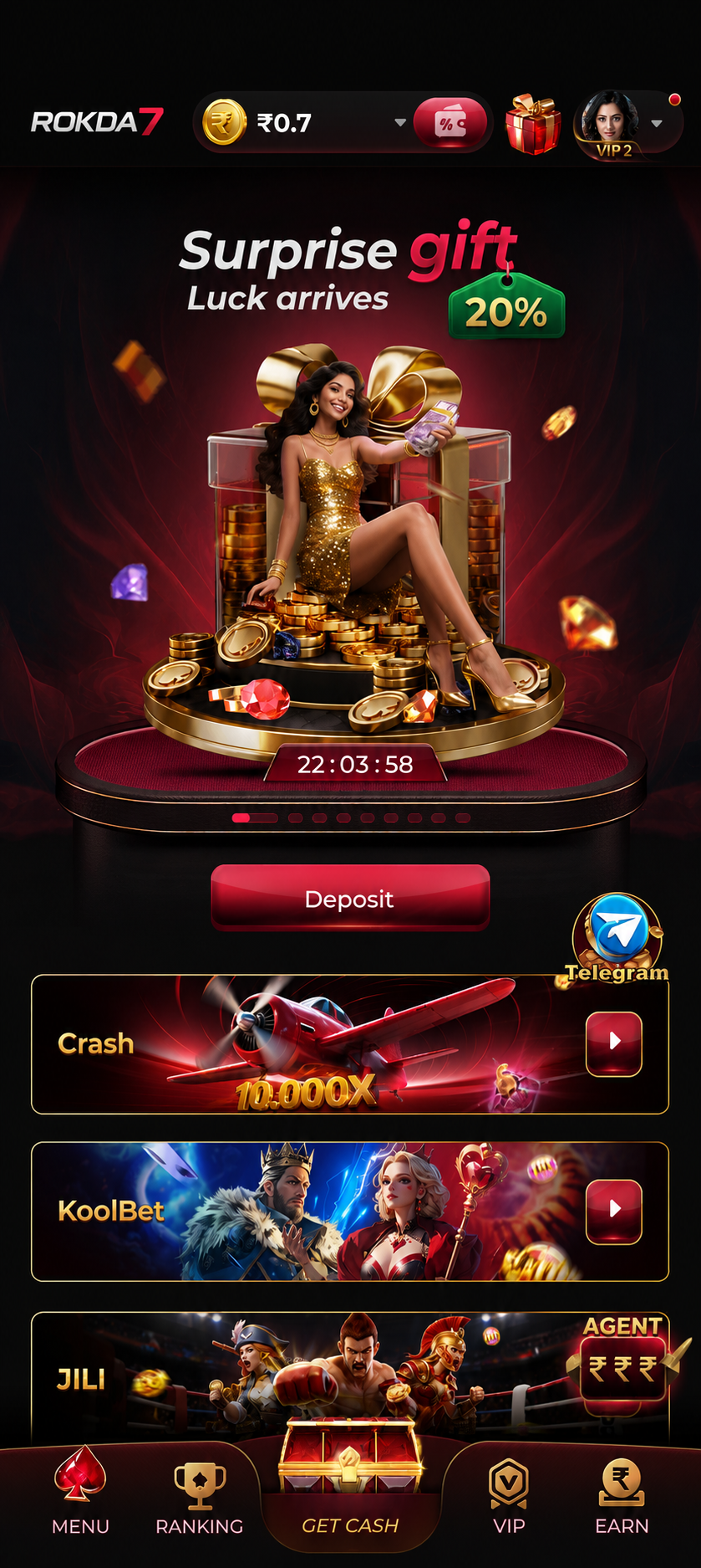 Rokda7 app home lobby with welcome gift and live bonus timer
